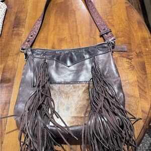 Cowhide and Brown Leather Fringe Shoulder Bag